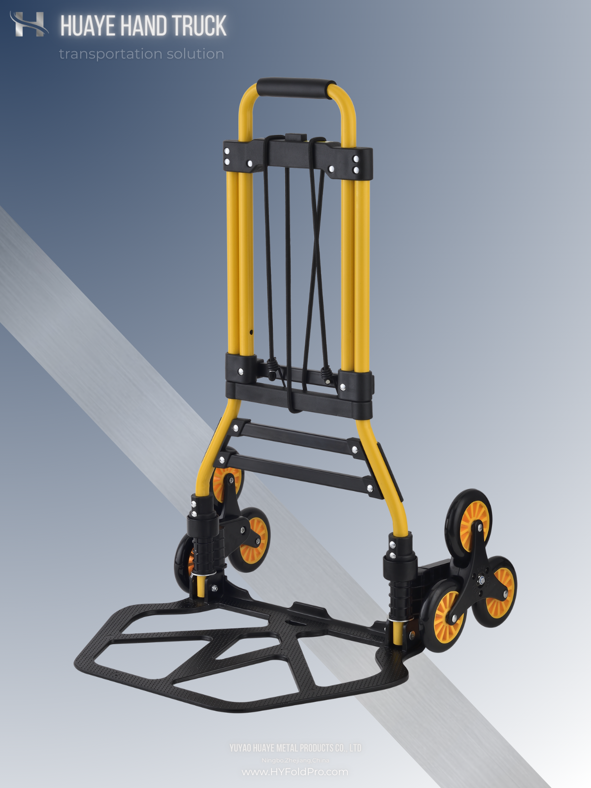 Yuyao HuaYe hand truck -90kg Stair Climbing Folding Hand Truck – Extra-Wide Aluminum Base Trolley with 6-Wheel Tri-Star Design for Easy Transport