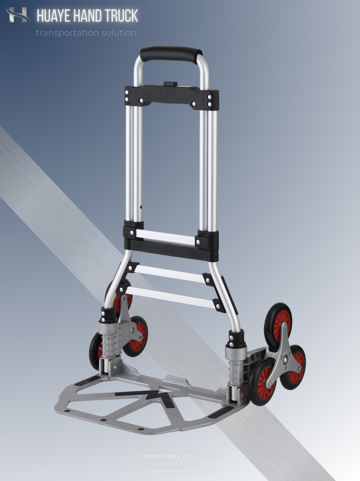 Yuyao HuaYe hand truck -90kg Aluminum Stair Climbing Hand Truck – 6-Wheel Folding Trolley with Anti-Slip Aluminum Base for Home, Office & Delivery