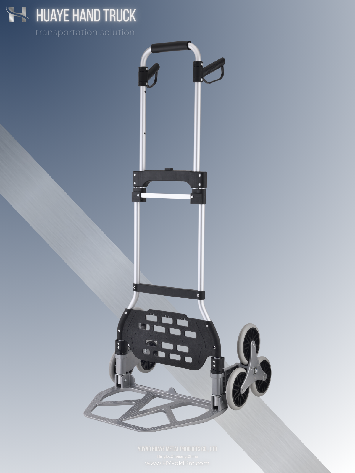 Yuyao HuaYe hand truck -100kg Stair Climbing Hand Truck with 1.3M Tall Handle – Folding 6-Wheel High Reach Trolley for Heavy Duty Moving & Delivery