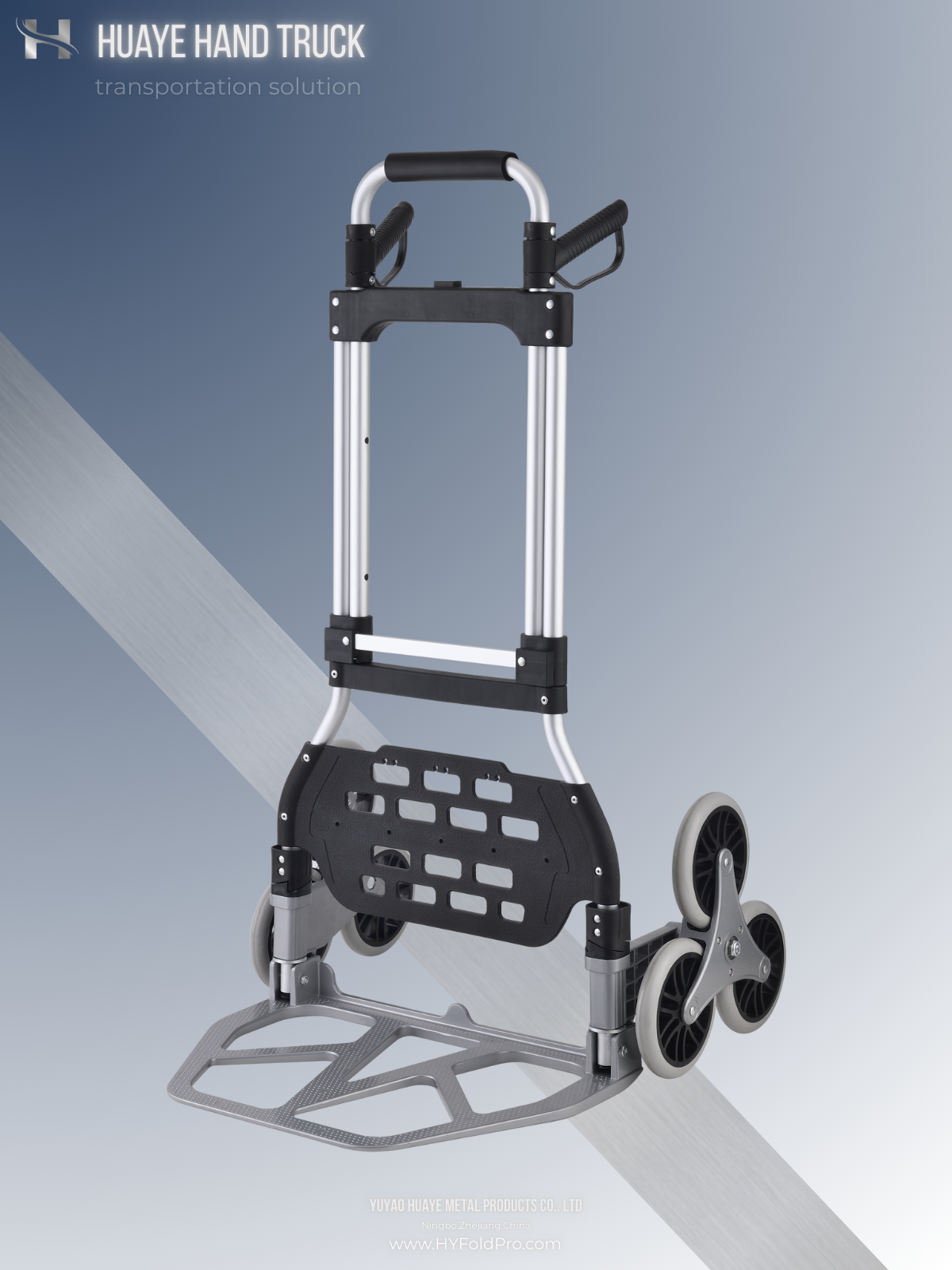 Yuyao HuaYe hand truck -100kg Stair Climbing Hand Truck with 1.3M Tall Handle – Folding 6-Wheel High Reach Trolley for Heavy Duty Moving & Delivery