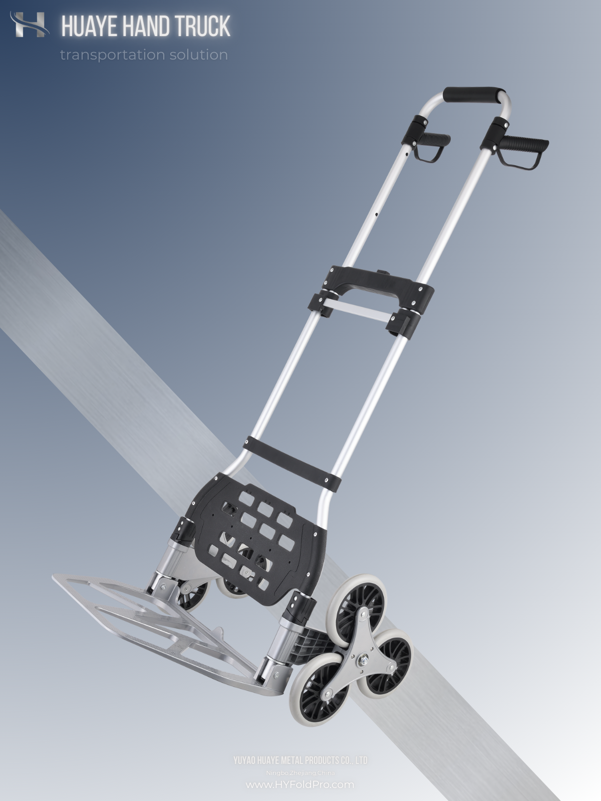 Yuyao HuaYe hand truck -100kg Stair Climbing Hand Truck with 1.3M Tall Handle – Folding 6-Wheel High Reach Trolley for Heavy Duty Moving & Delivery